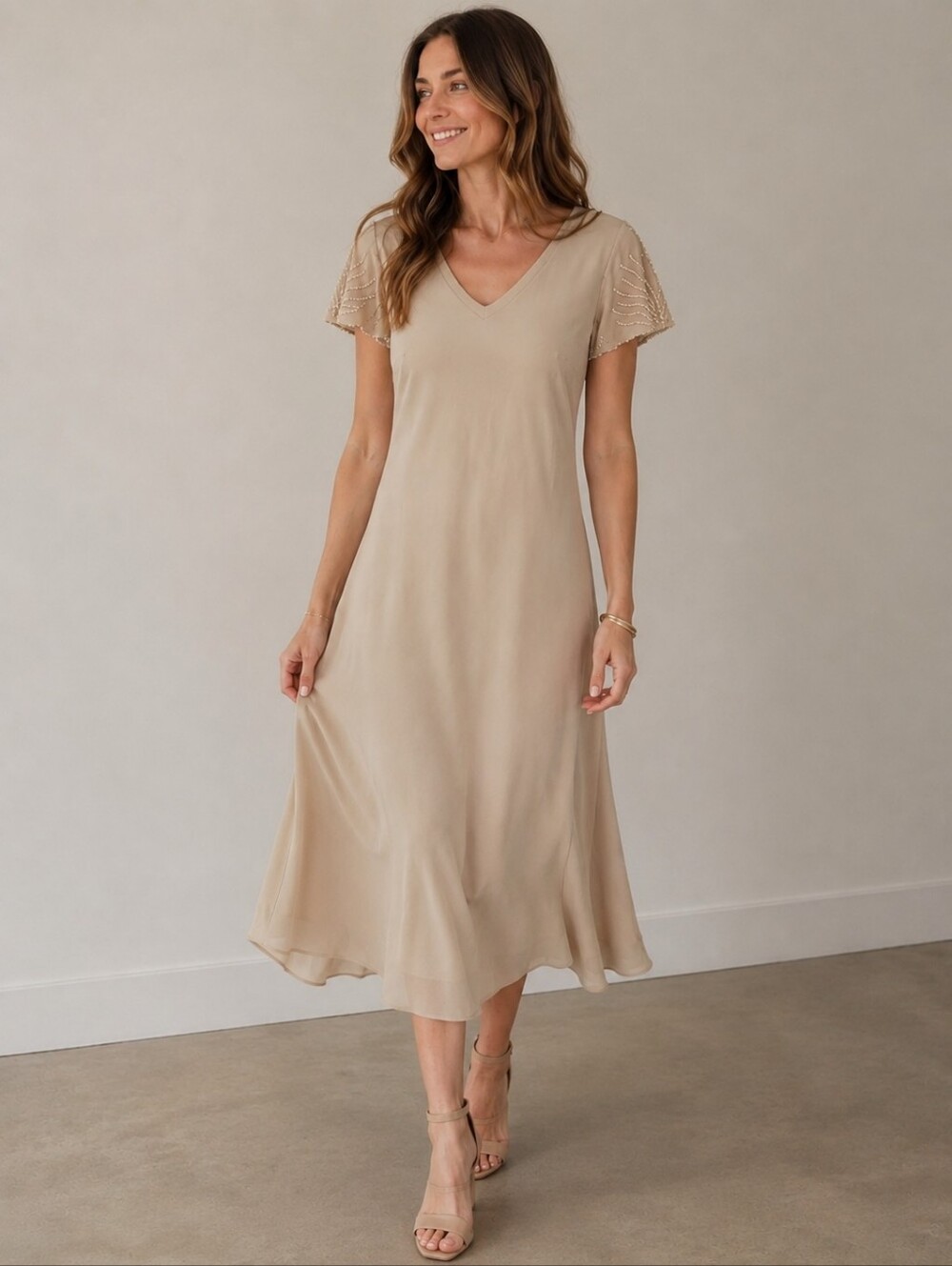 Linea Domani Vintage Beaded V-Neck Short Sleeve Midi Dress in Beige